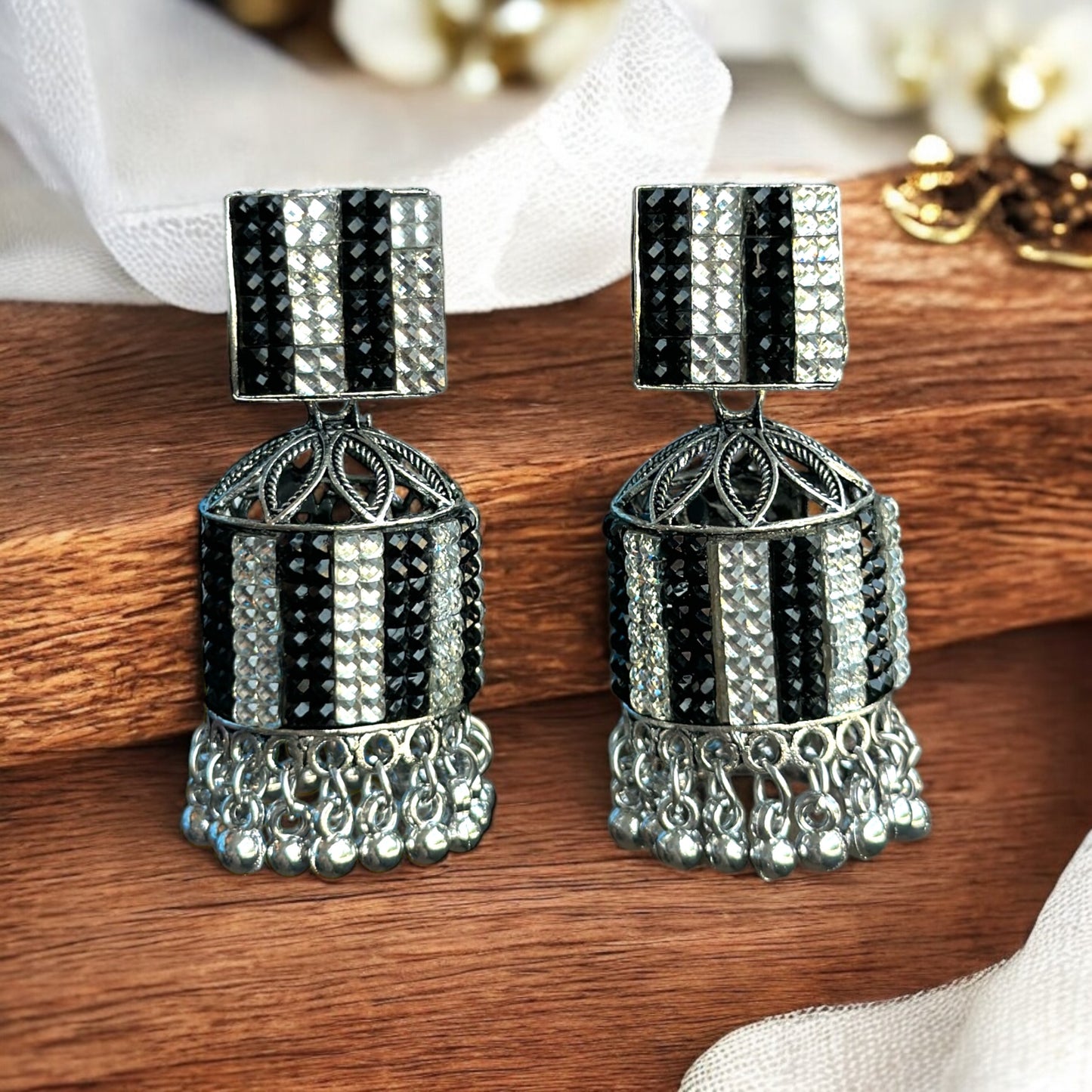 Black and White Oxidised Jhumka Earrings