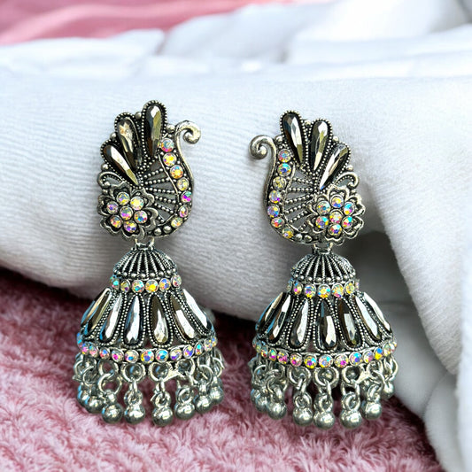 Silver Oxidised Peacock Jhumka Earring