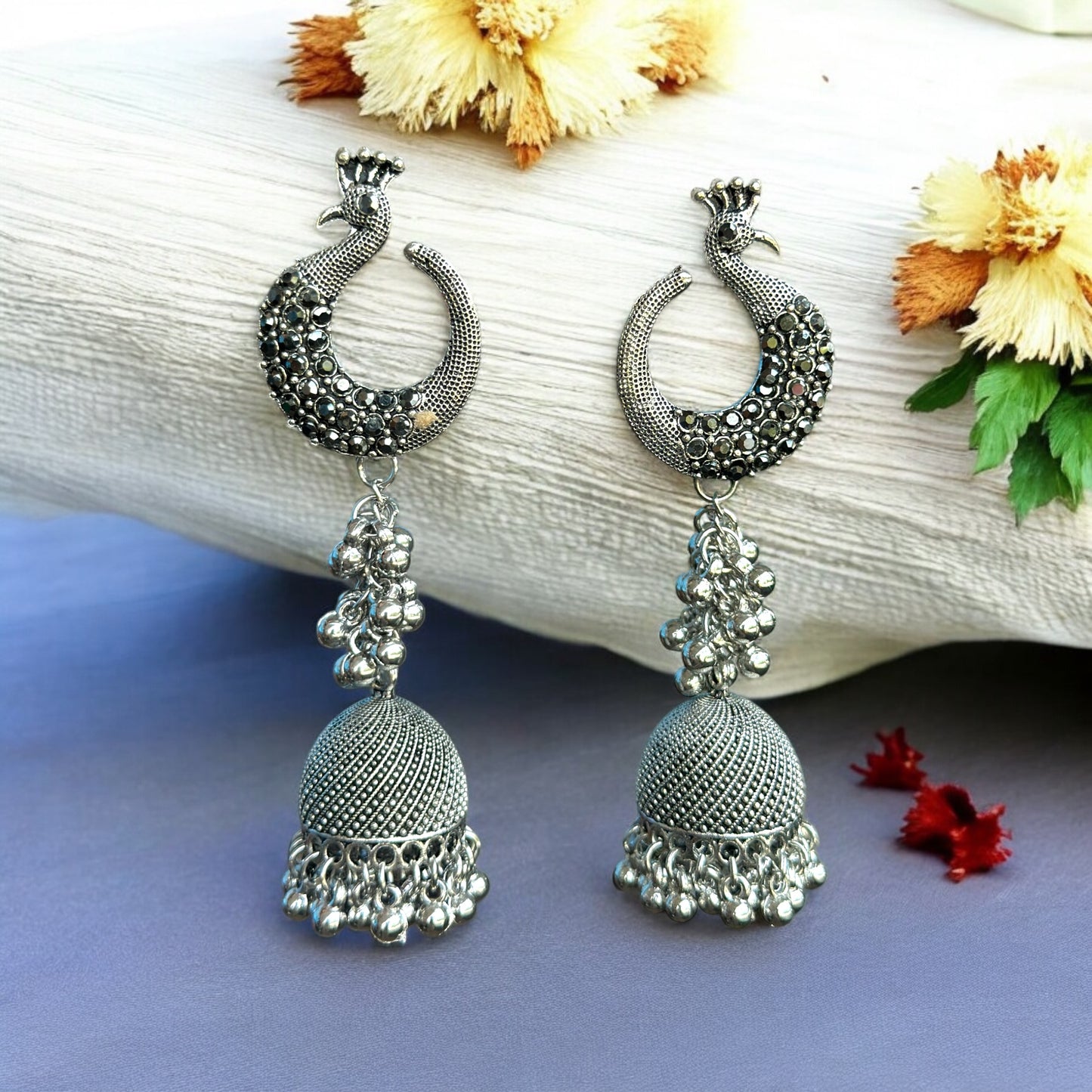 Silver Oxidised Peacock Jhumka Earrings