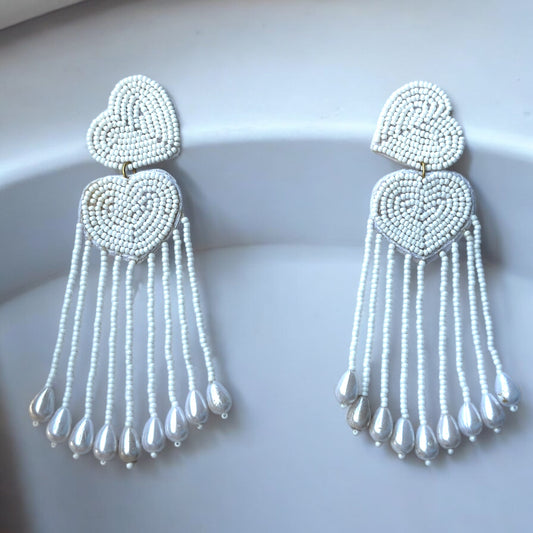 White Classic Heart Danglers Hand Beaded Earring