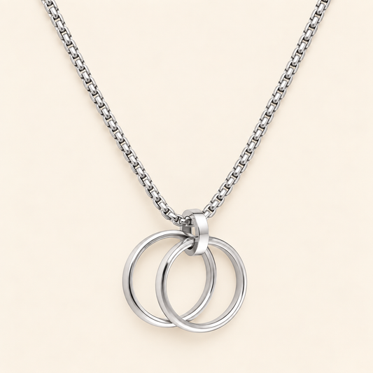 Men - Interlocking Double Ring Silver Pendant Necklace