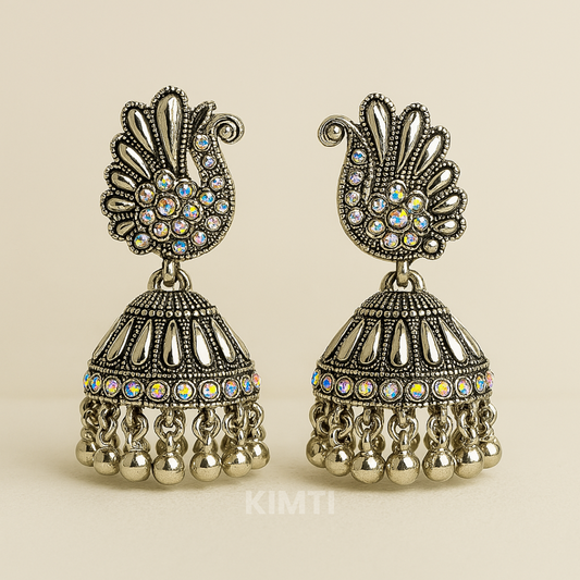 Silver Oxidised Peacock Jhumka Earring