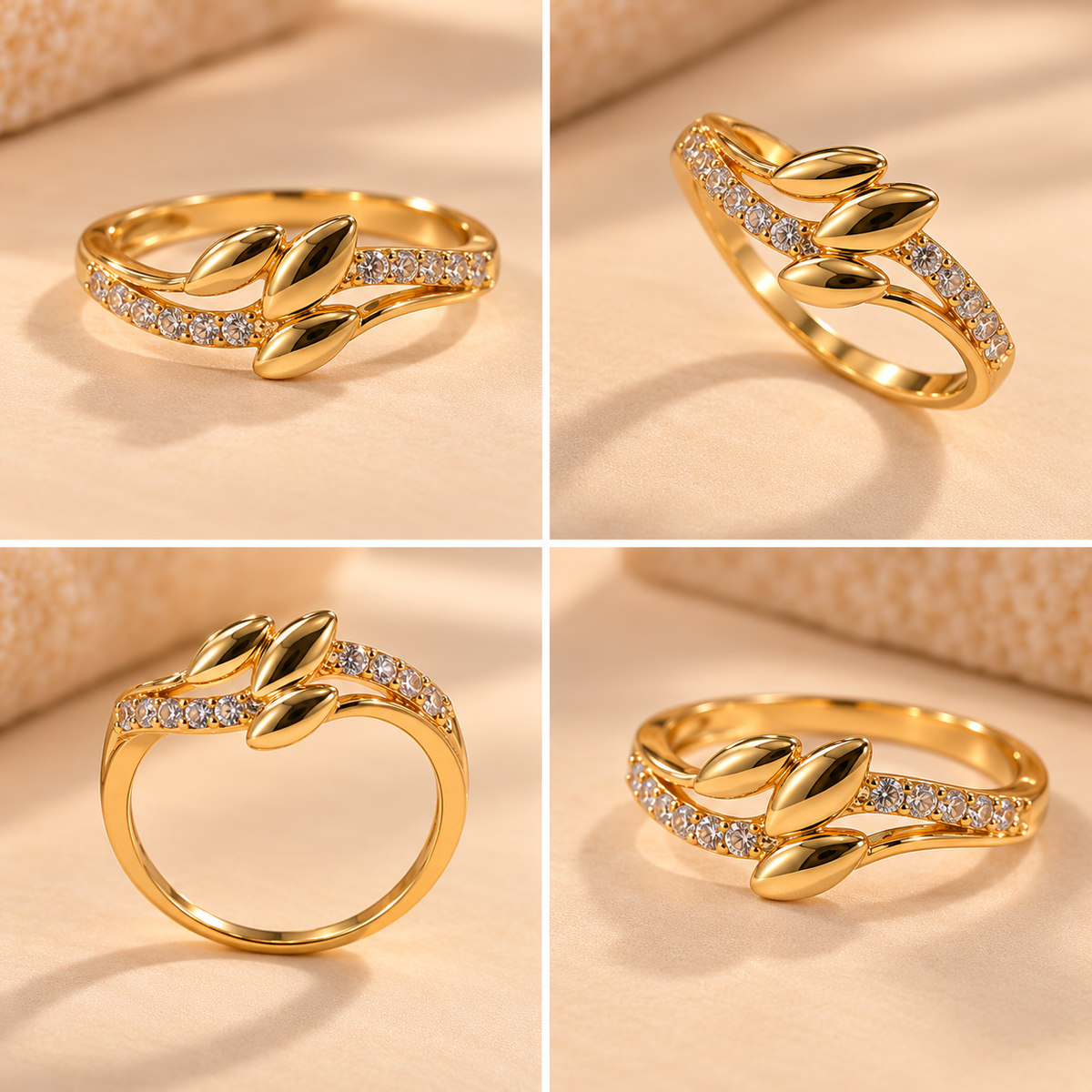 18K Gold Plated Triple Leaf Sparkle Ring for Women