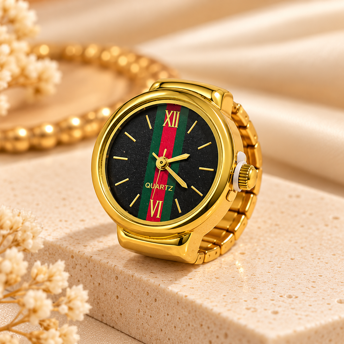 18K Gold-Plated Black Dial Quartz Watch Ring