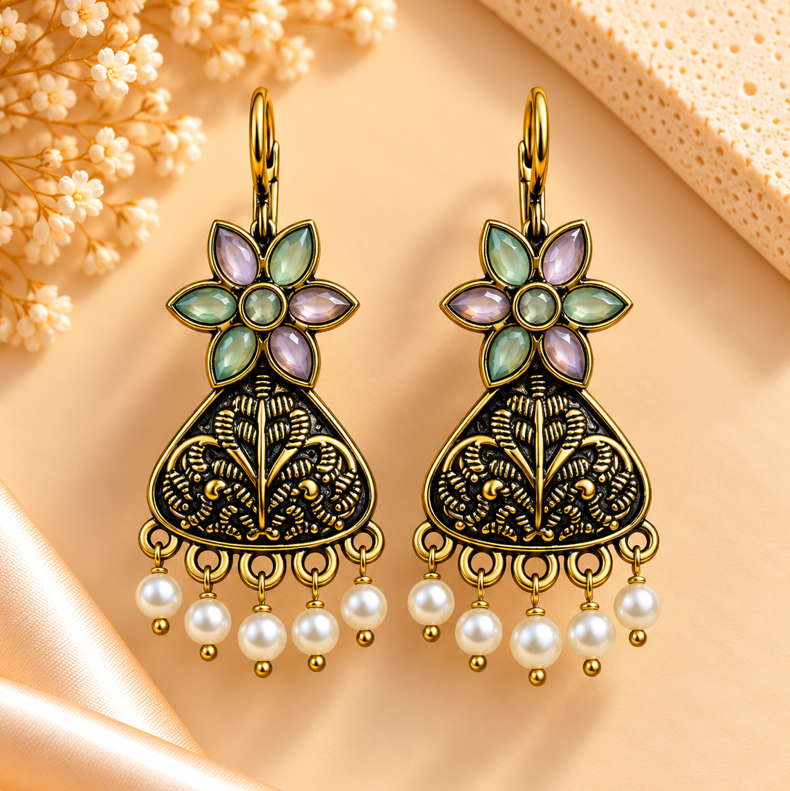 Oxidised Pastel Bloom Pearl Jhumka