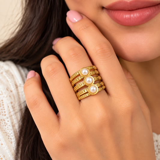 18k Gold Plated Triple Pearl Layered Ring