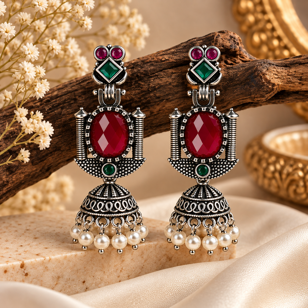 Oxidised Silver Traditional Jhumka Earrings