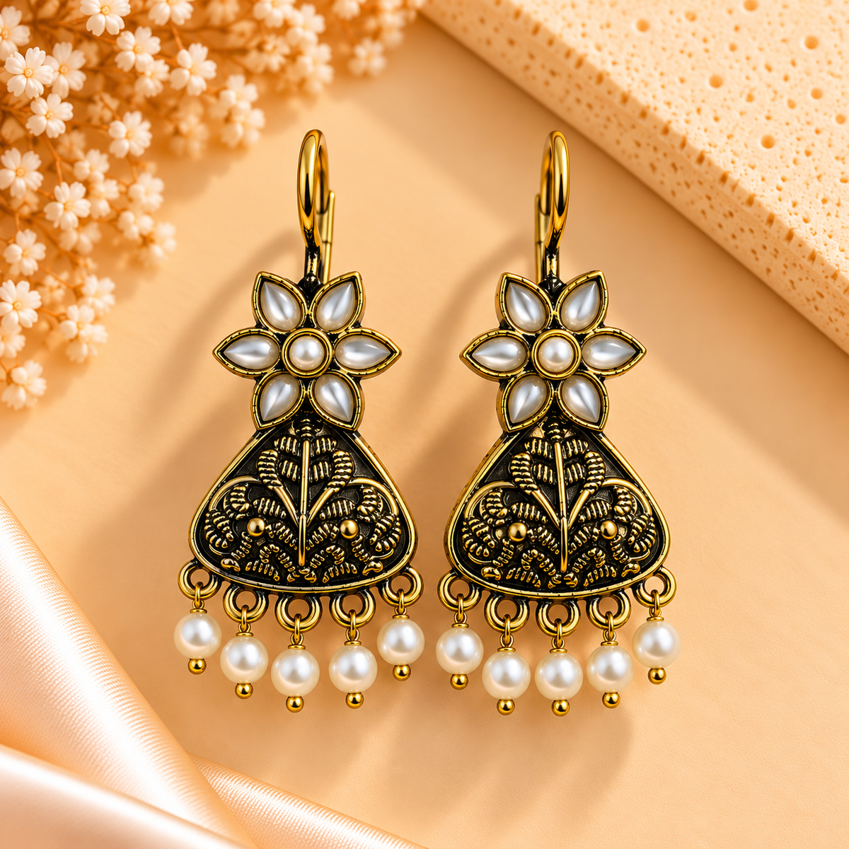 Oxidised Pastel Bloom Pearl Jhumka