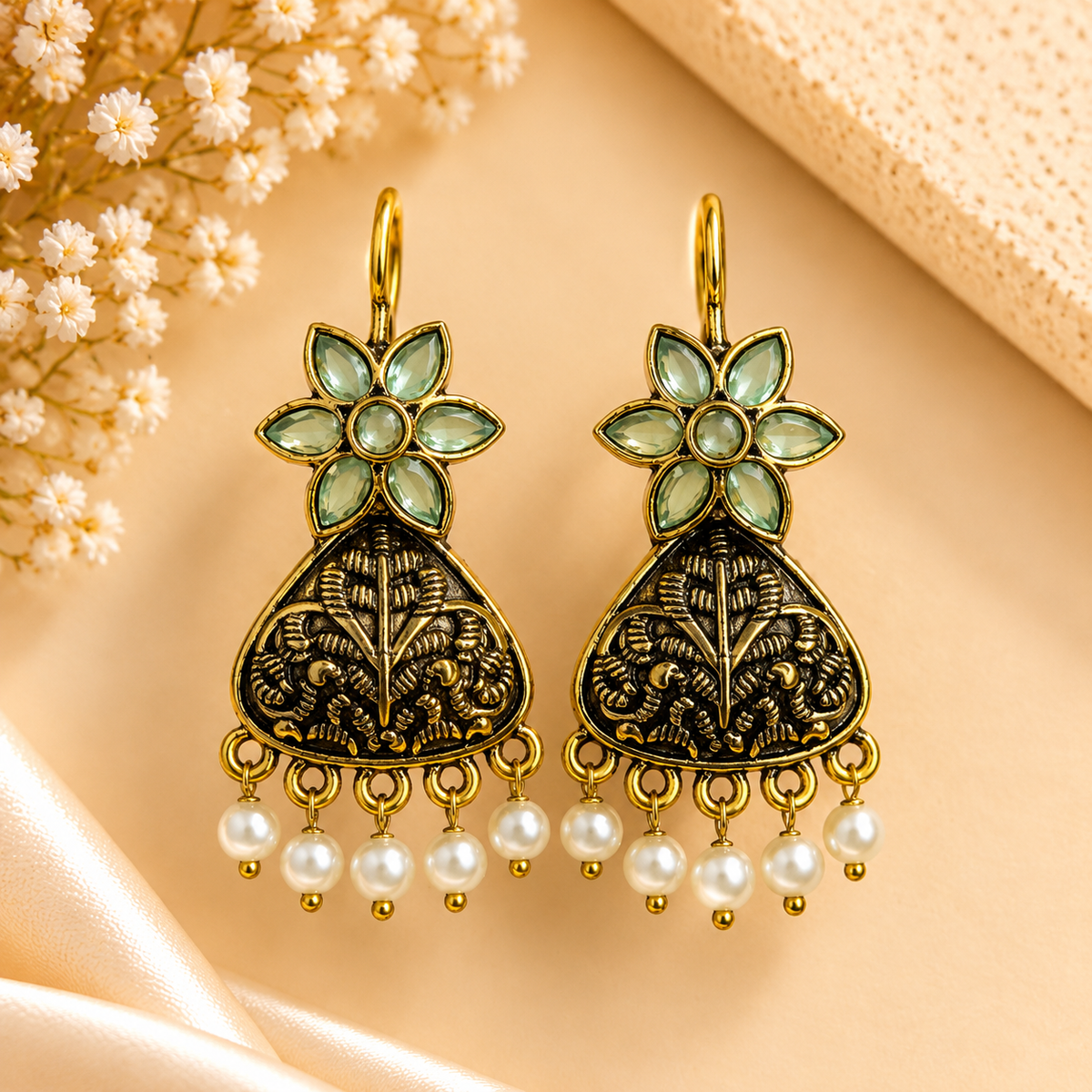 Oxidised Pastel Bloom Pearl Jhumka