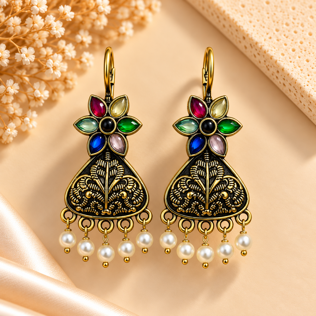 Oxidised Pastel Bloom Pearl Jhumka