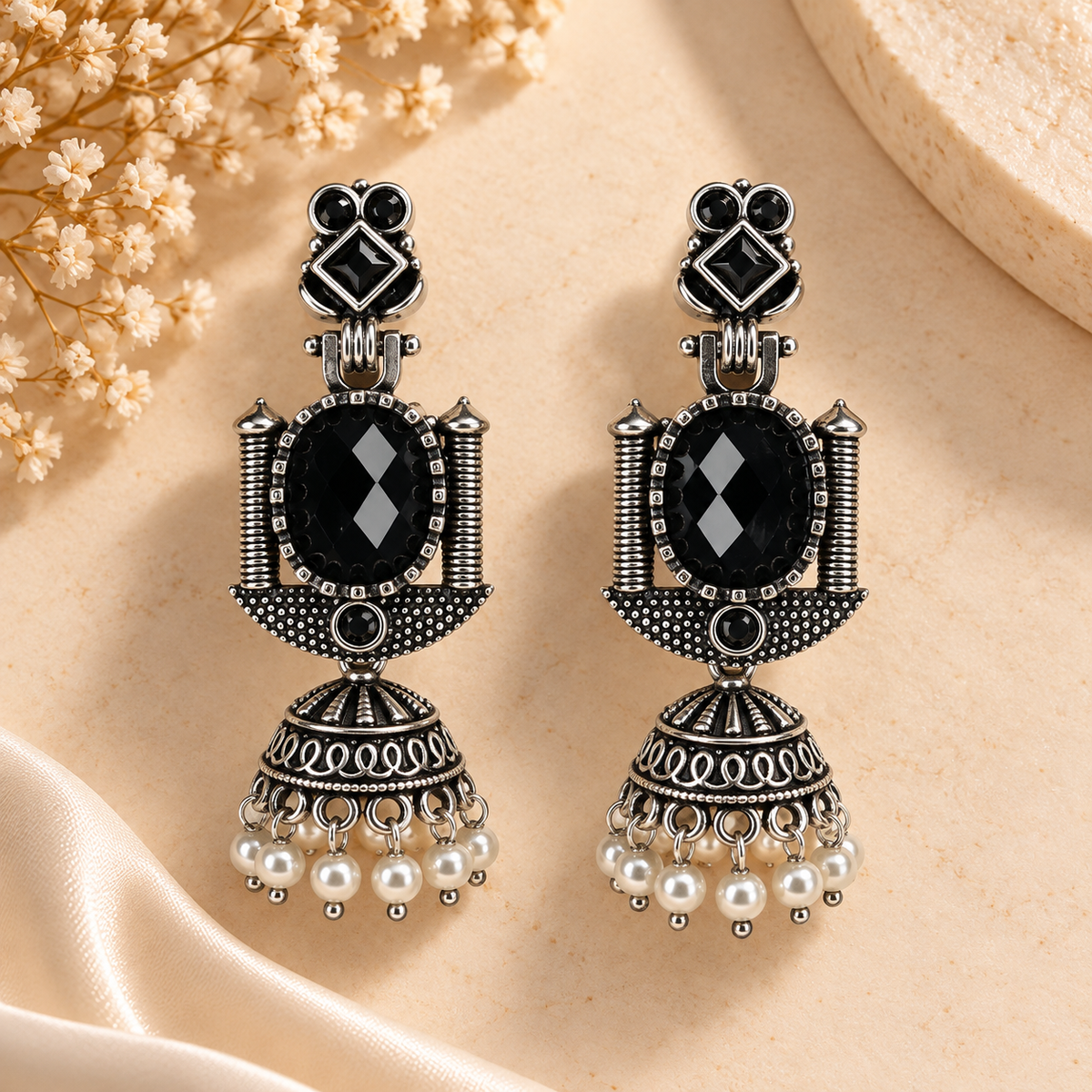Oxidised Silver Traditional Jhumka Earrings