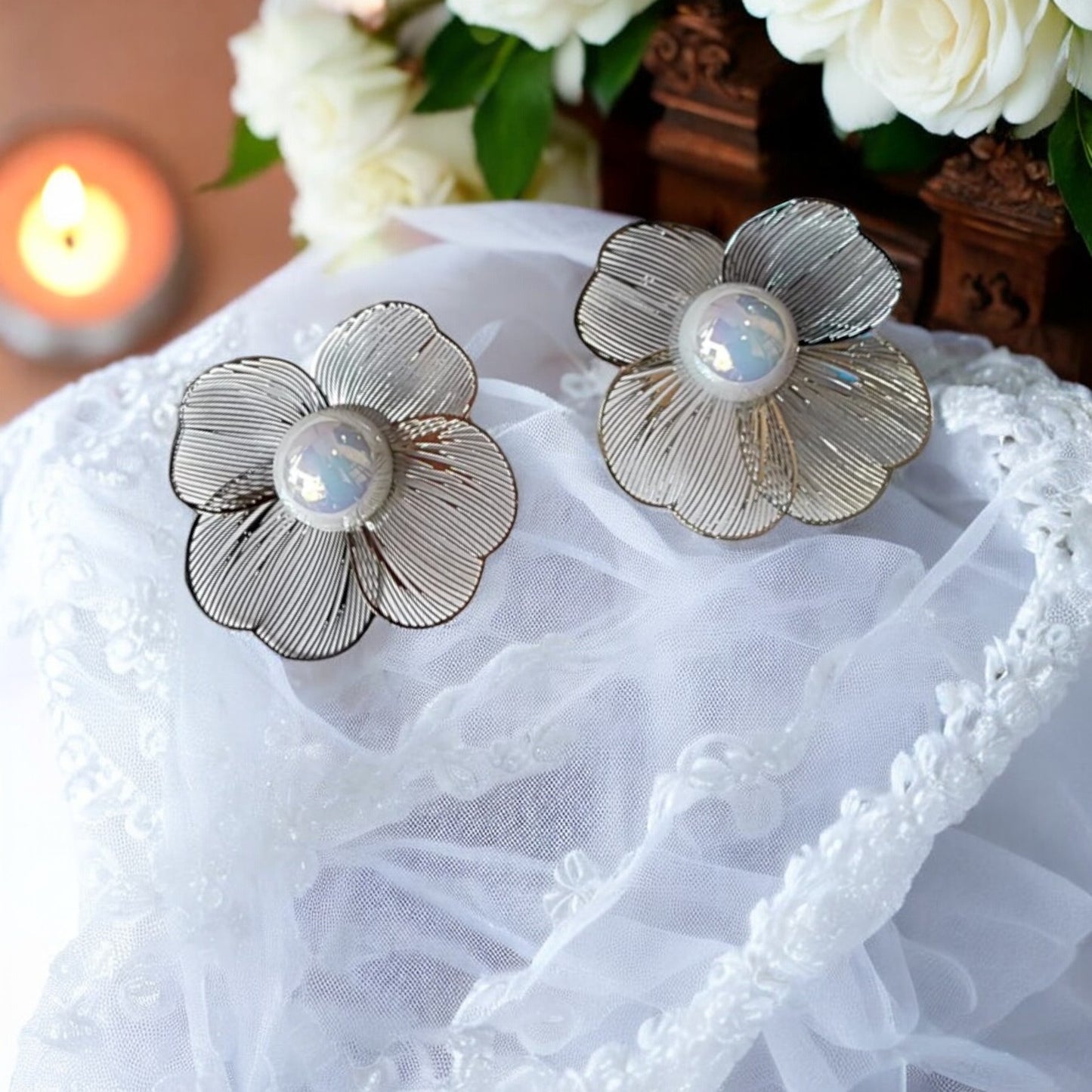 Silver Flower Pearl Earrings