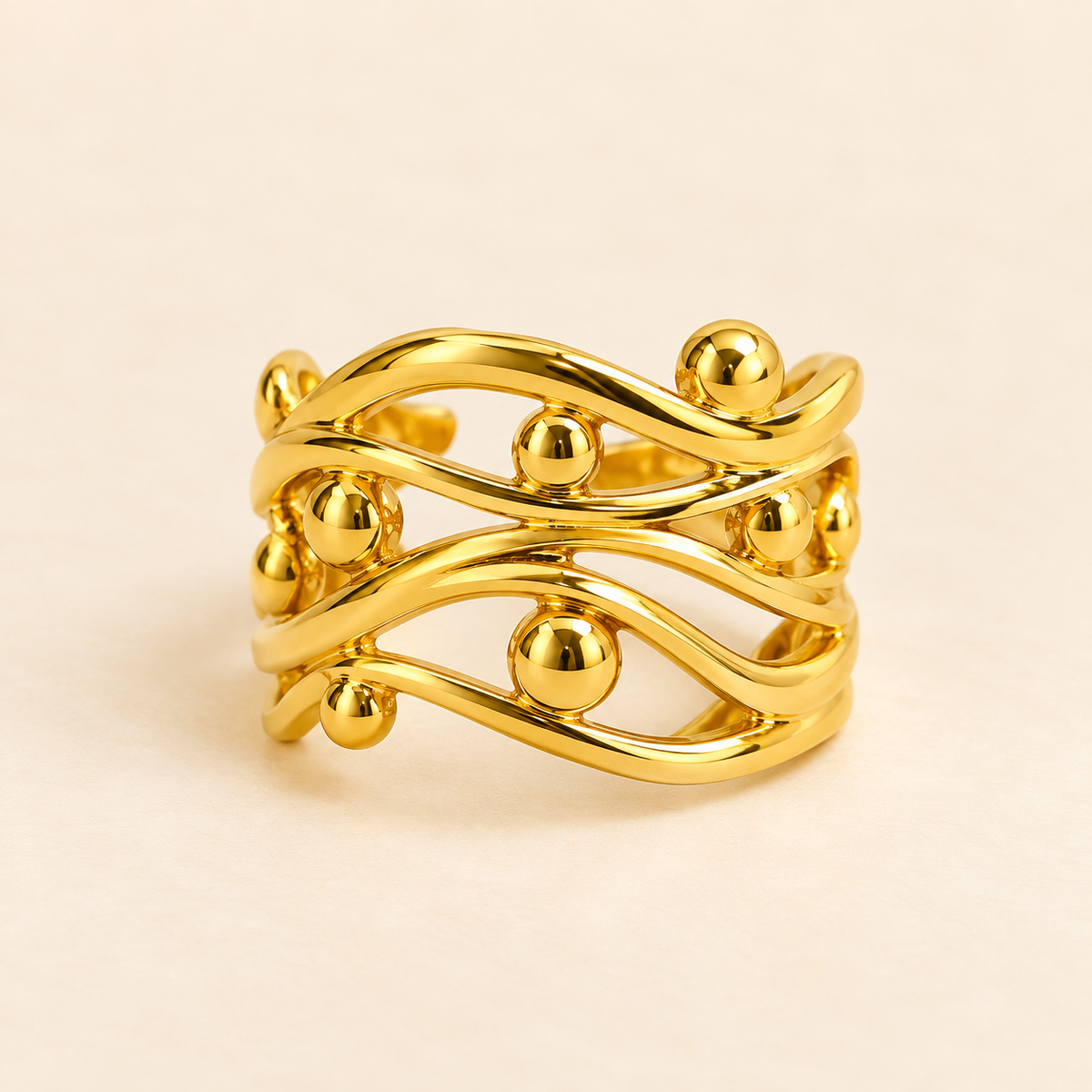 18k Gold Plated Wave Beaded Statement Ring