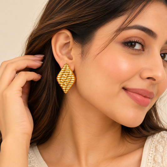 18k Gold Plated Rectangle Hammered Anti Tarnish Earring