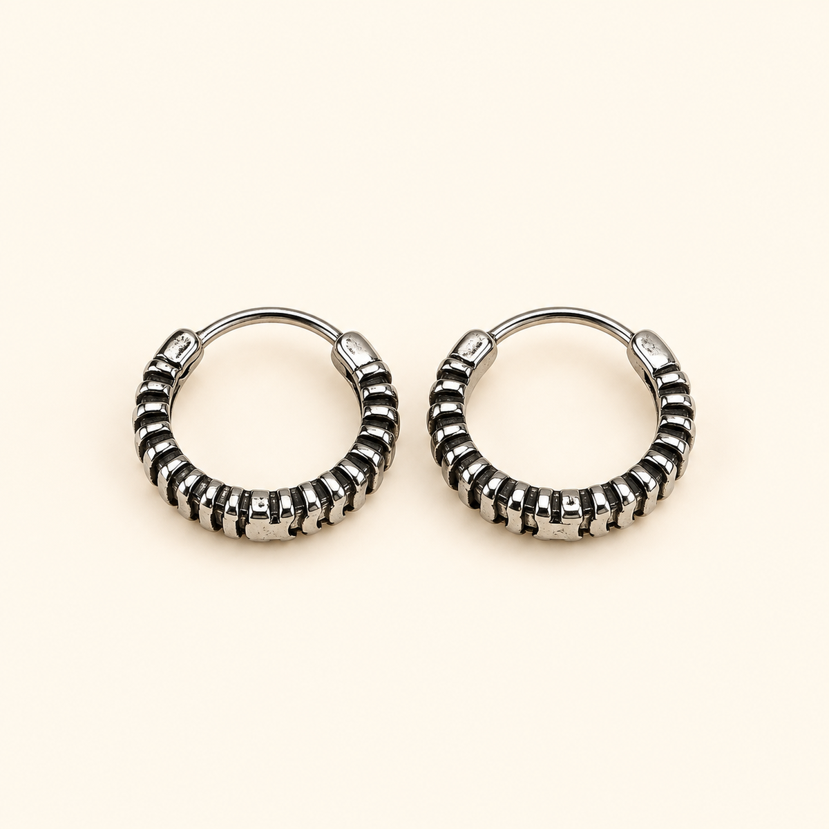 Men - Silver Ribbed Hoop Earrings