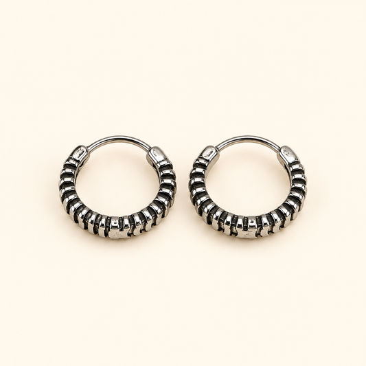 Men - Silver Ribbed Hoop Earrings