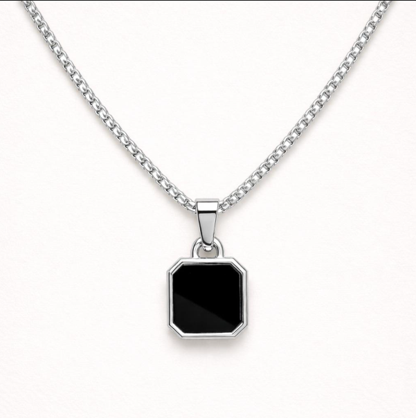Men - Geometric Black Stone Silver Necklace