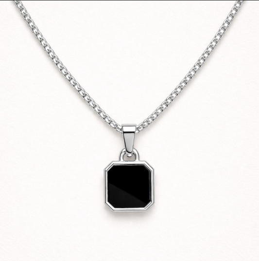 Men - Geometric Black Stone Silver Necklace