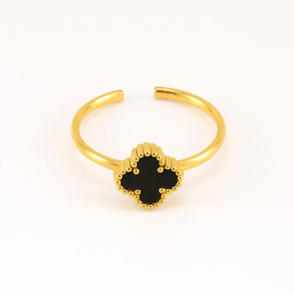18k Gold Plated Black Clover Charm Ring