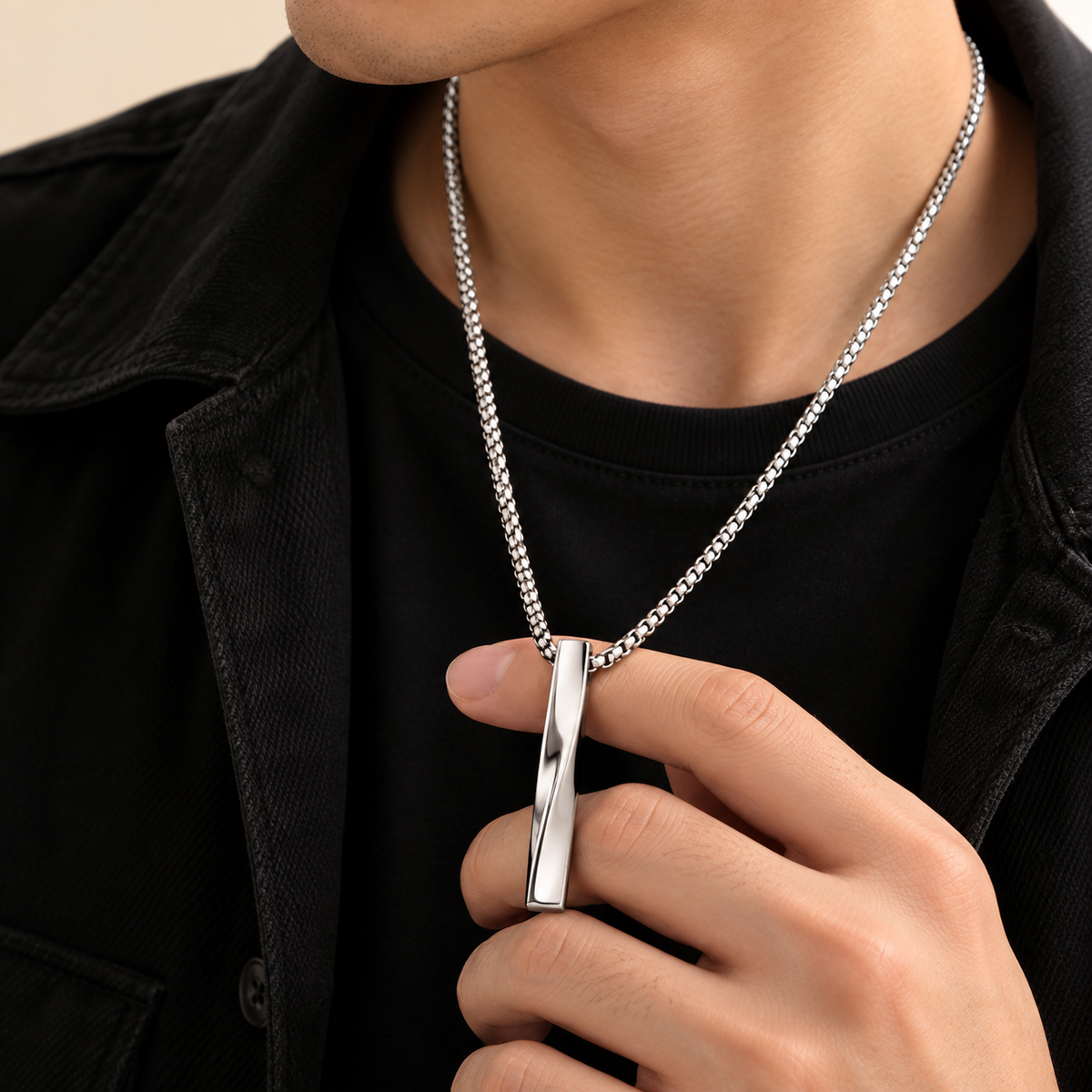 Men - Silver Twist Bar Pendant Necklace