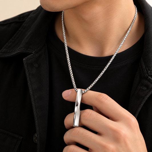 Men - Silver Twist Bar Pendant Necklace