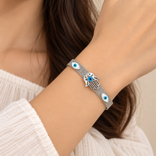 Silver Hamsa Evil Eye Mesh Bracelet