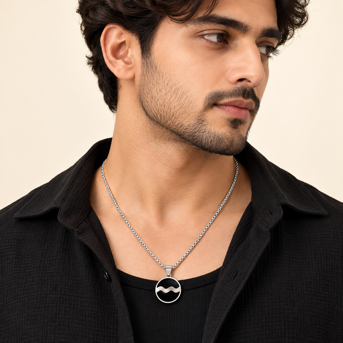Men - Midnight Wave Silver Pendant Necklace
