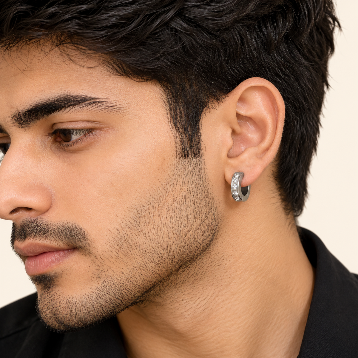 Men - Silver Spark Crystal Huggie Earrings
