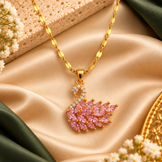 18K Gold Plated Pink Crystal Swan Pendant Necklace