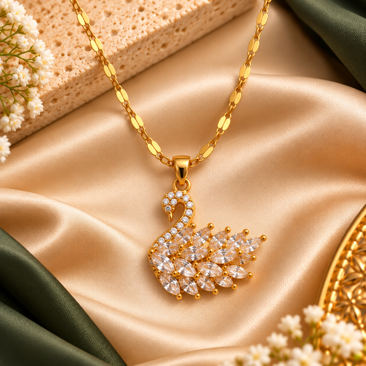 18K Gold Plated White Crystal Swan Pendant Necklace