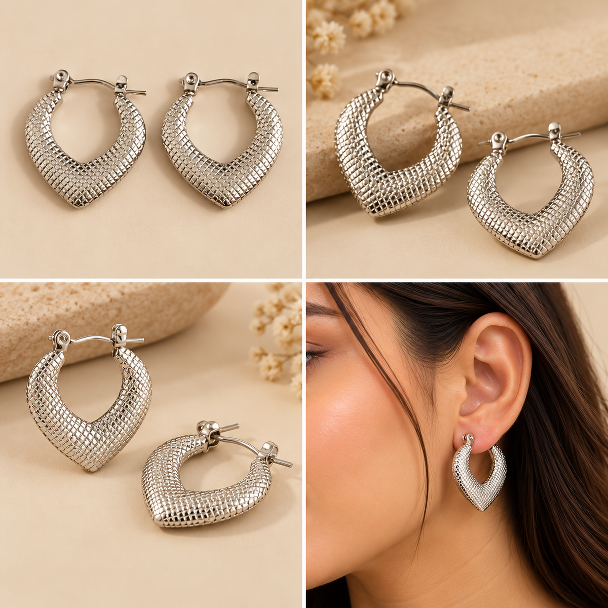 Elegant Textured V-Shaped Silver-Tone Hoop Earrings