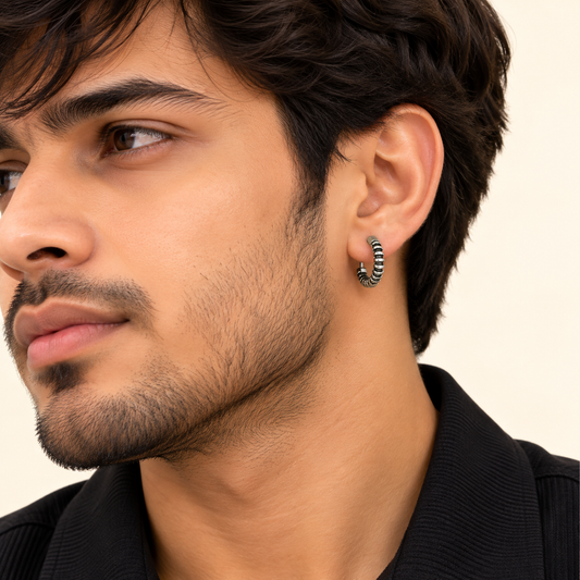 Men - Silver Ribbed Hoop Earrings