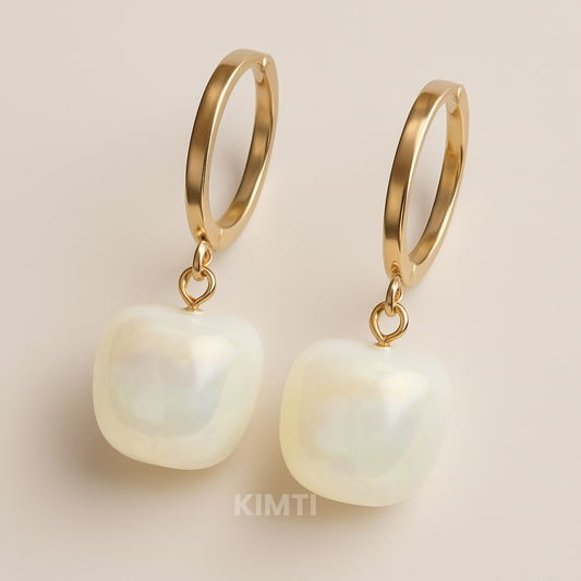 Glossy Pearl Drop Hoops in Gold