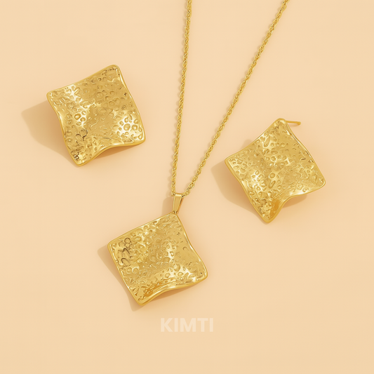 18k Gold Plated Textured Square Earring With Necklace