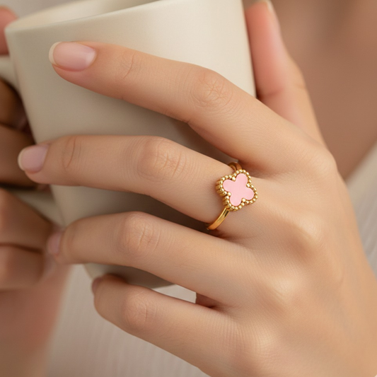 18K Gold Plated  Pink Leaf Clover Charm Ring