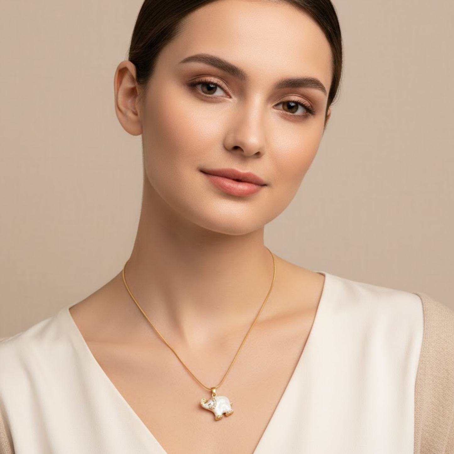 White & Gold-Toned Brass Elephant Necklace