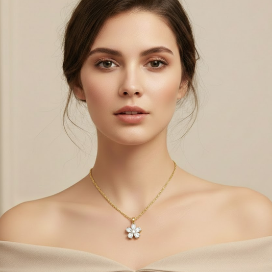 18K Gold Plated Diamond Flower Pendant Necklace