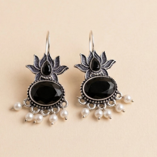 Midnight Lotus Pearl Oxidised Earrings