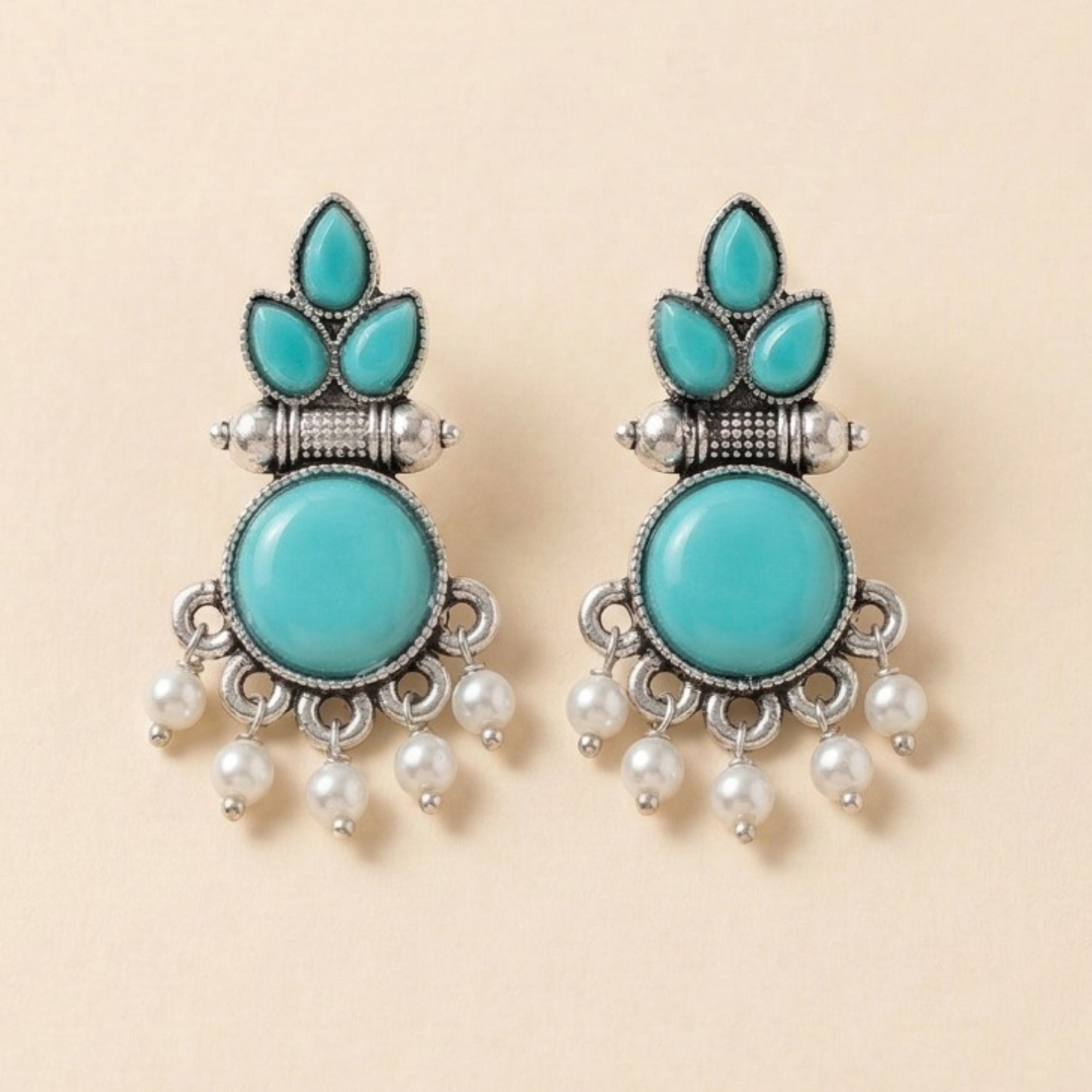 Turquoise Pearl Royale Oxidised Earrings