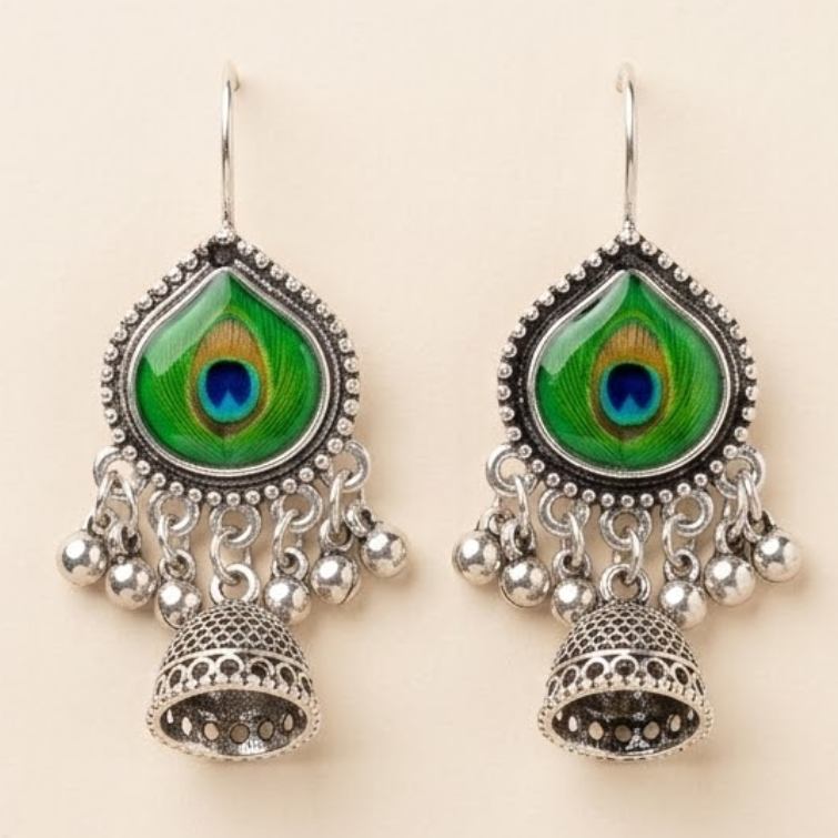 Peacock Eye Ghungroo Oxidised Earrings