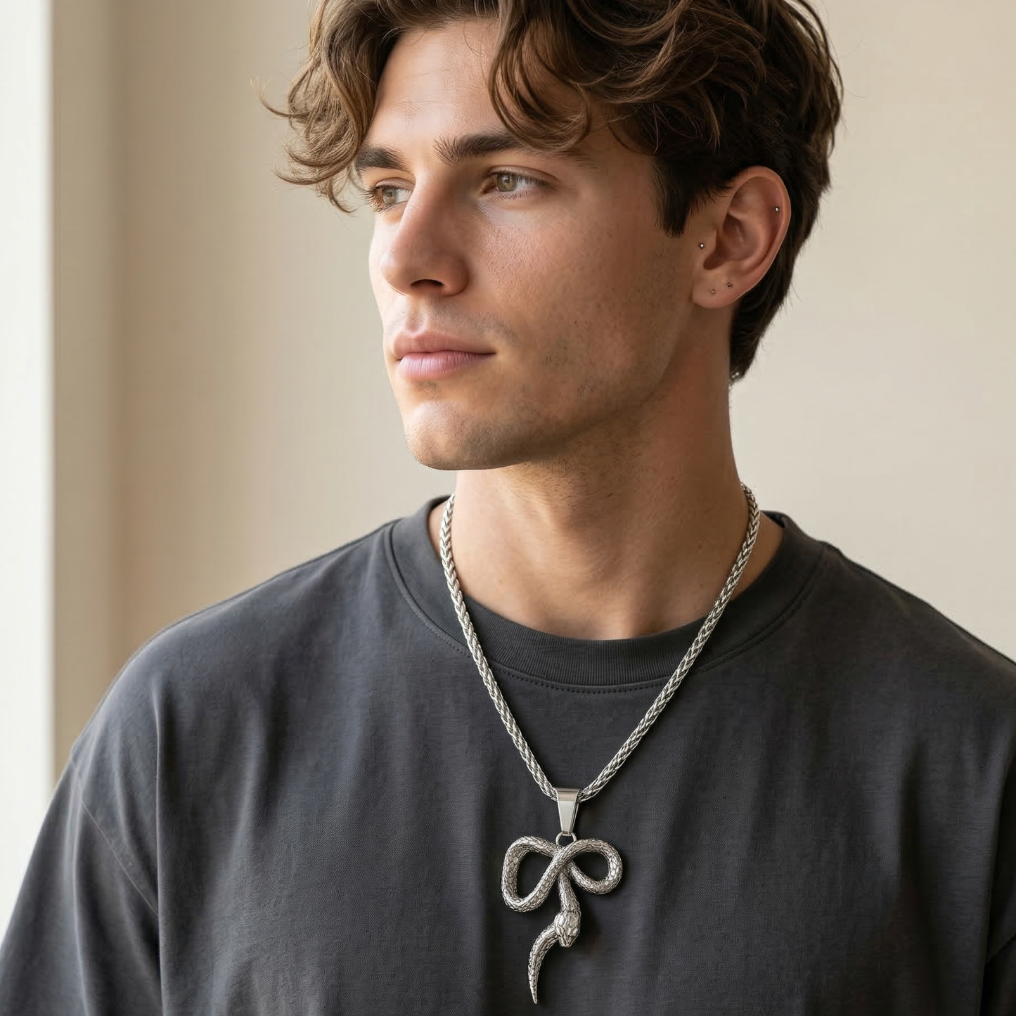 Men - Snake Bow Pendant Stainless Steel Necklace
