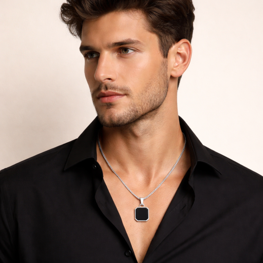 Men - Geometric Black Stone Silver Necklace