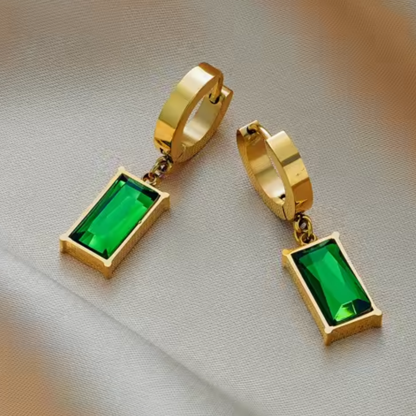 Green Emerald Rectangular Drop Hoop Earrings