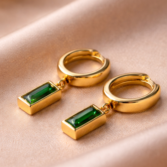 Green Emerald Rectangular Drop Hoop Earrings
