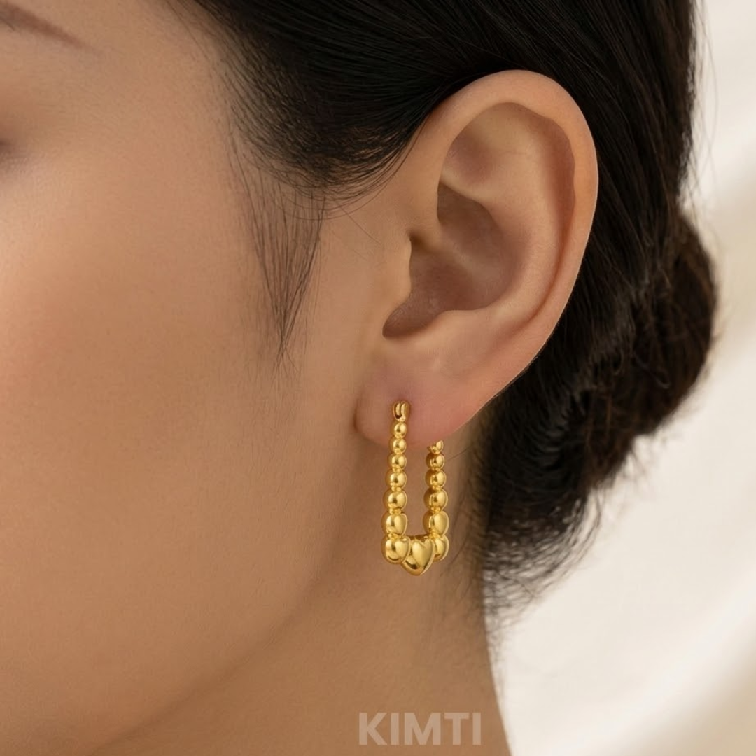 18K Gold Plated Heart Beaded Hoop Anti Tarnish Earring