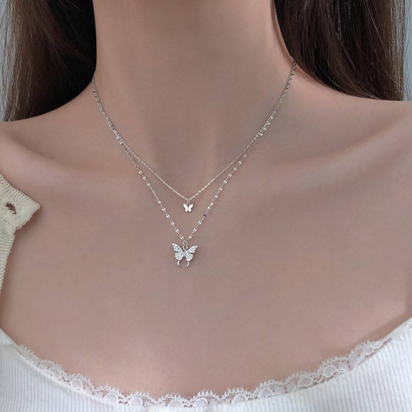 Silver Flutter Butterfly Layered Necklace
