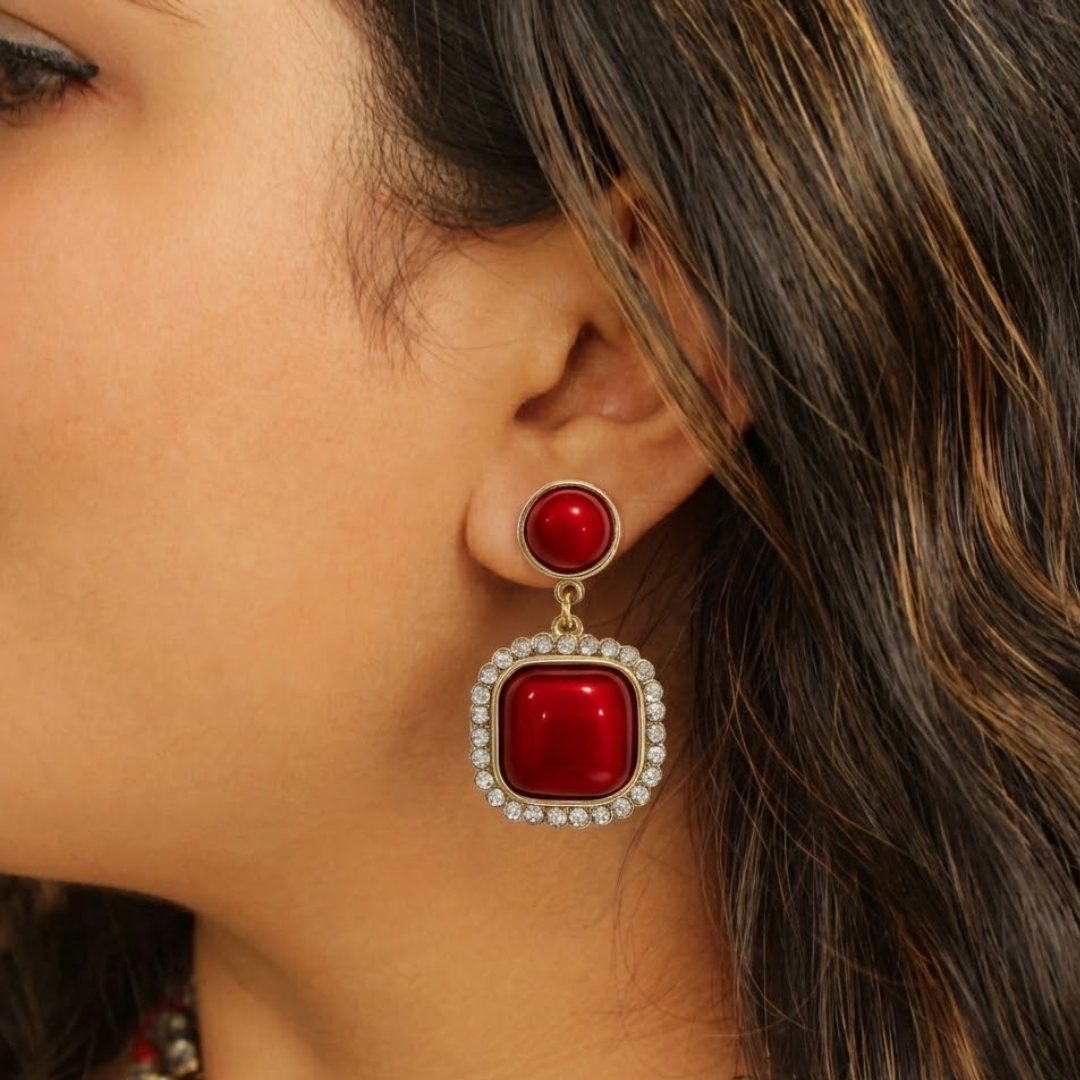 Ruby Pearl Top Stone Drop Earrings