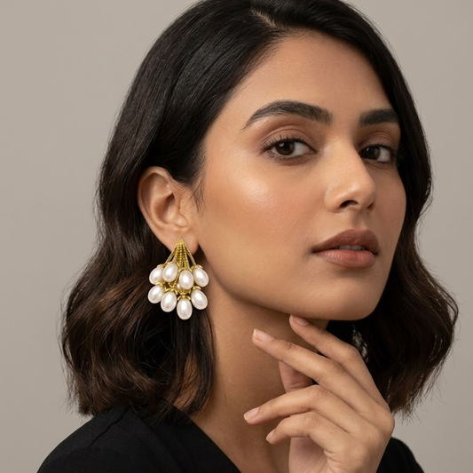 Elegant Gold Cluster Pearl Drop Earrings