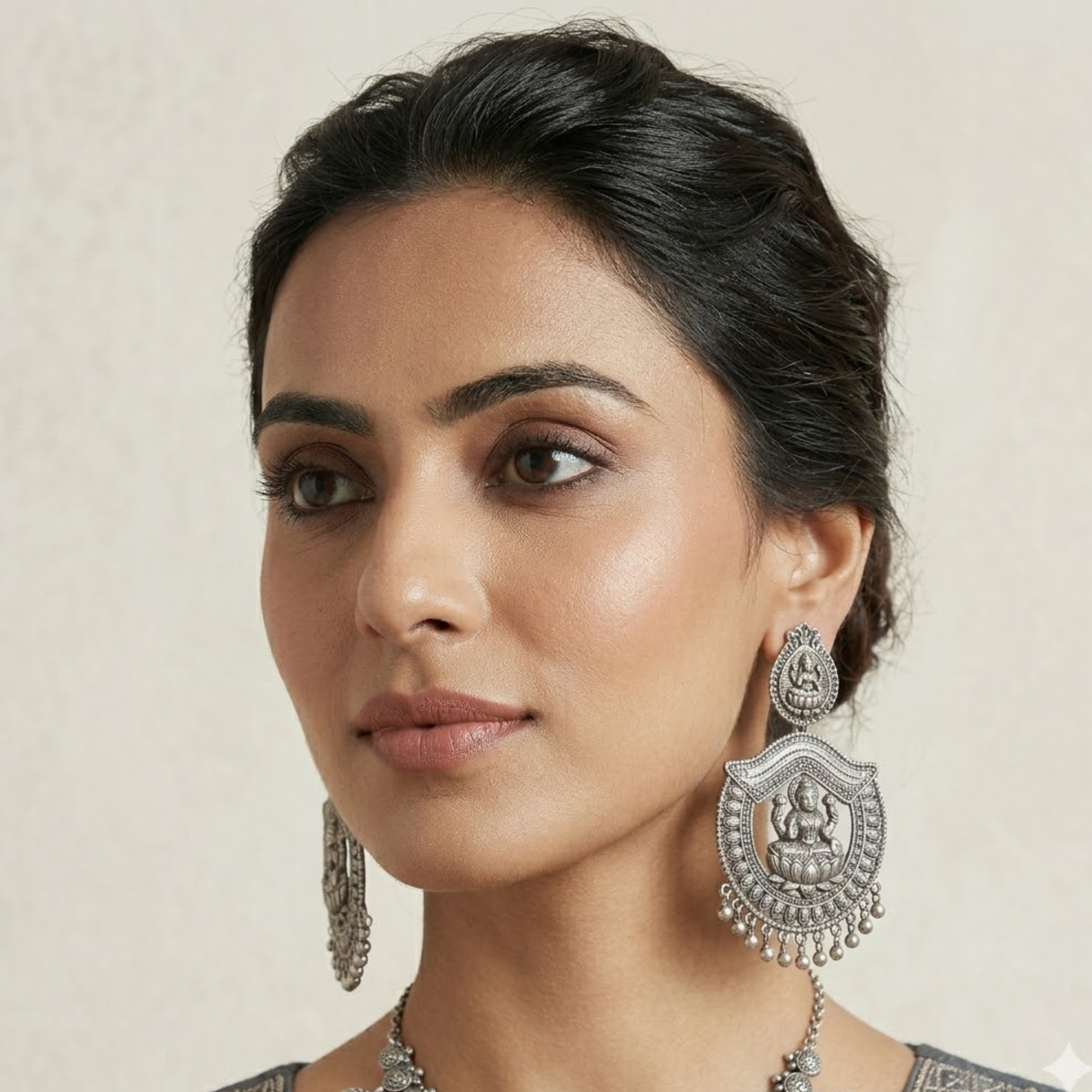 Oxidized Silver Lakshmi Temple Earrings with Lotus Motif & Beaded Drops