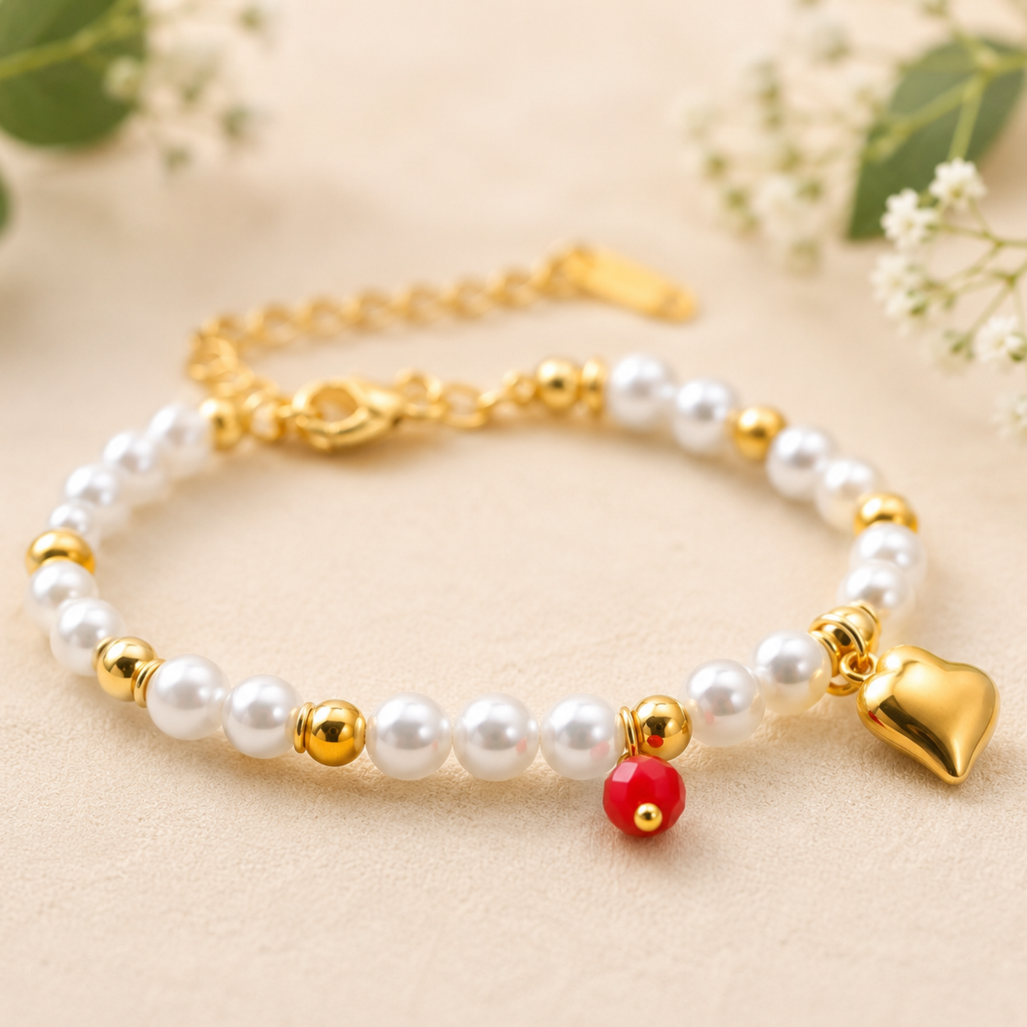 Pearl Bracelet with Gold Heart Charm Bracelet
